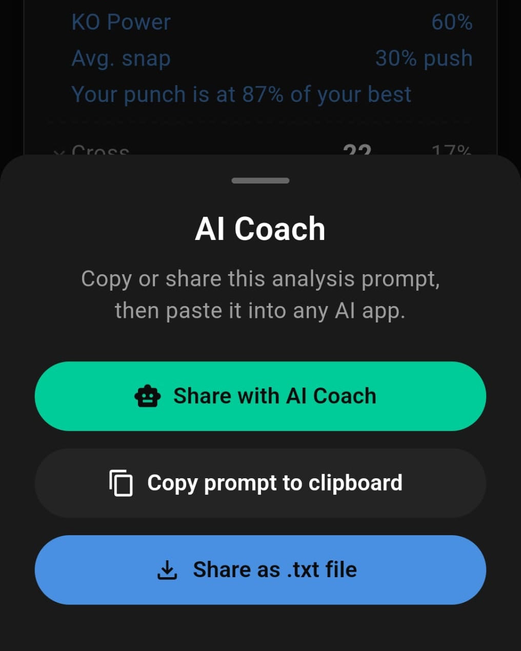 StrikeIQ AI Coach app interface with options to share or copy analysis prompts.